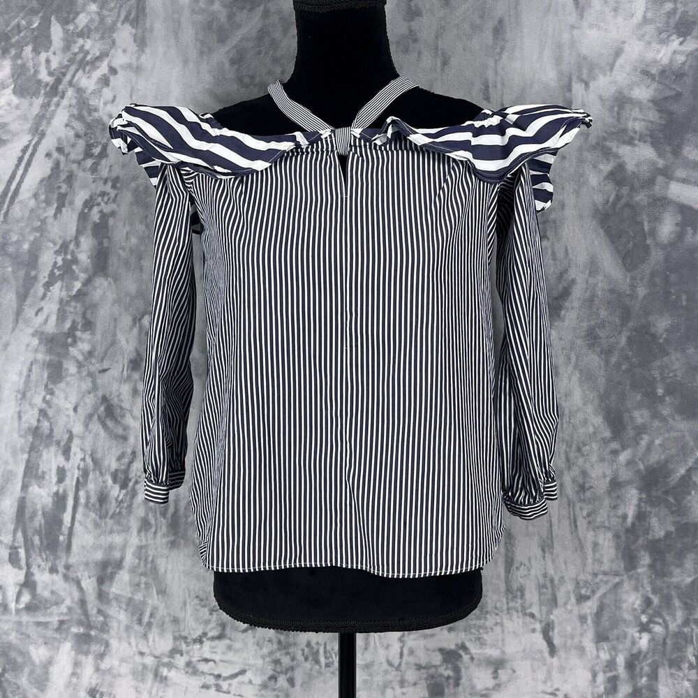 J Crew Women's Blue Striped Off Shoulder Tie Neck Top Size 0 Style H0853